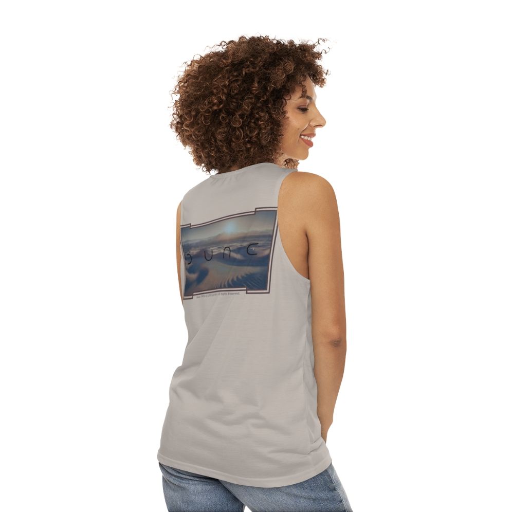 Dune-inspired unisex tank top with a greyish beige background - women back