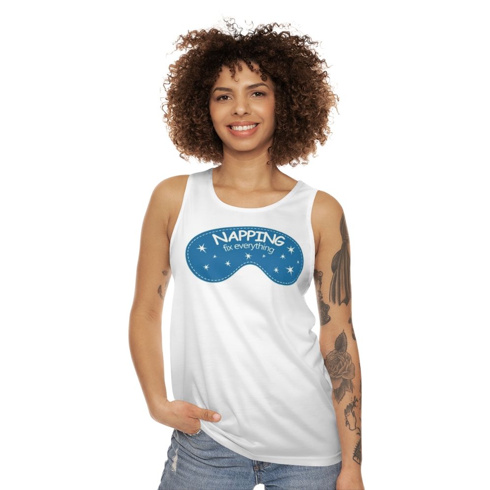 Unisex napping tank top featuring inspirational "Naps Fix Everything" quote - women