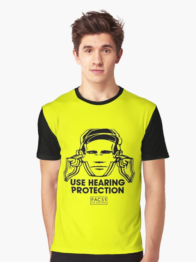 Hearing protection graphic t-shirt with "Use Hearing Protection" text and industrial/indie design - Men