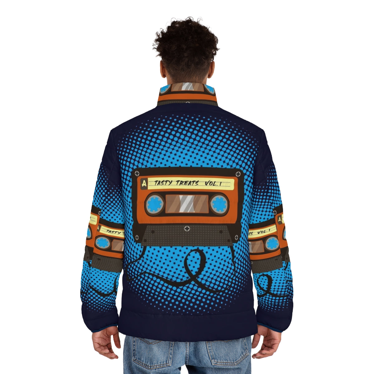 Tasty Treats Vol 1 Puffer Jacket featuring a cassette design in blue, orange, and brown colors - men back