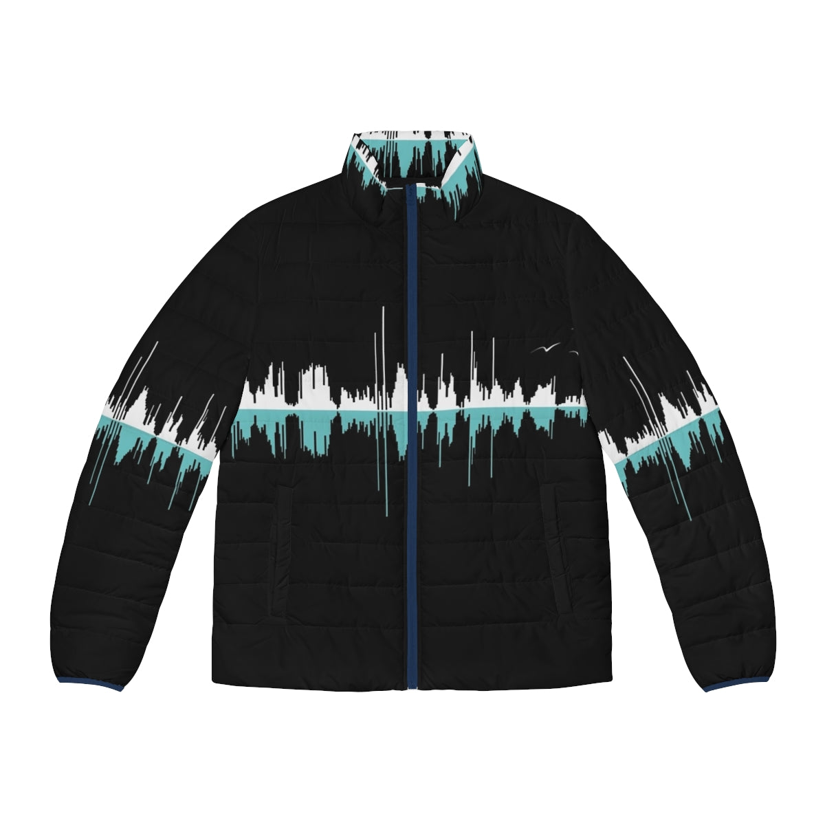 Black puffer jacket with white soundwave and city graphics