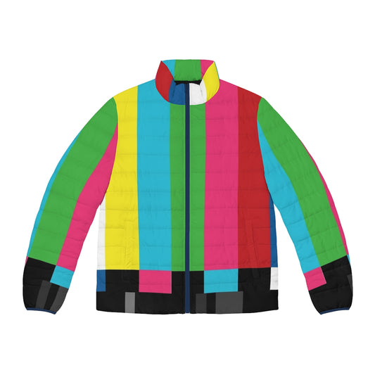 Puffer jacket with vibrant tv color bars design, perfect for retro and vintage enthusiasts