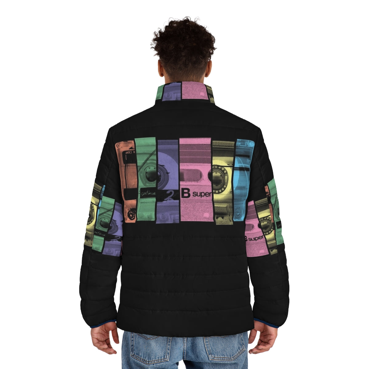 Retro 80s style puffer jacket with cassette tape design - men back