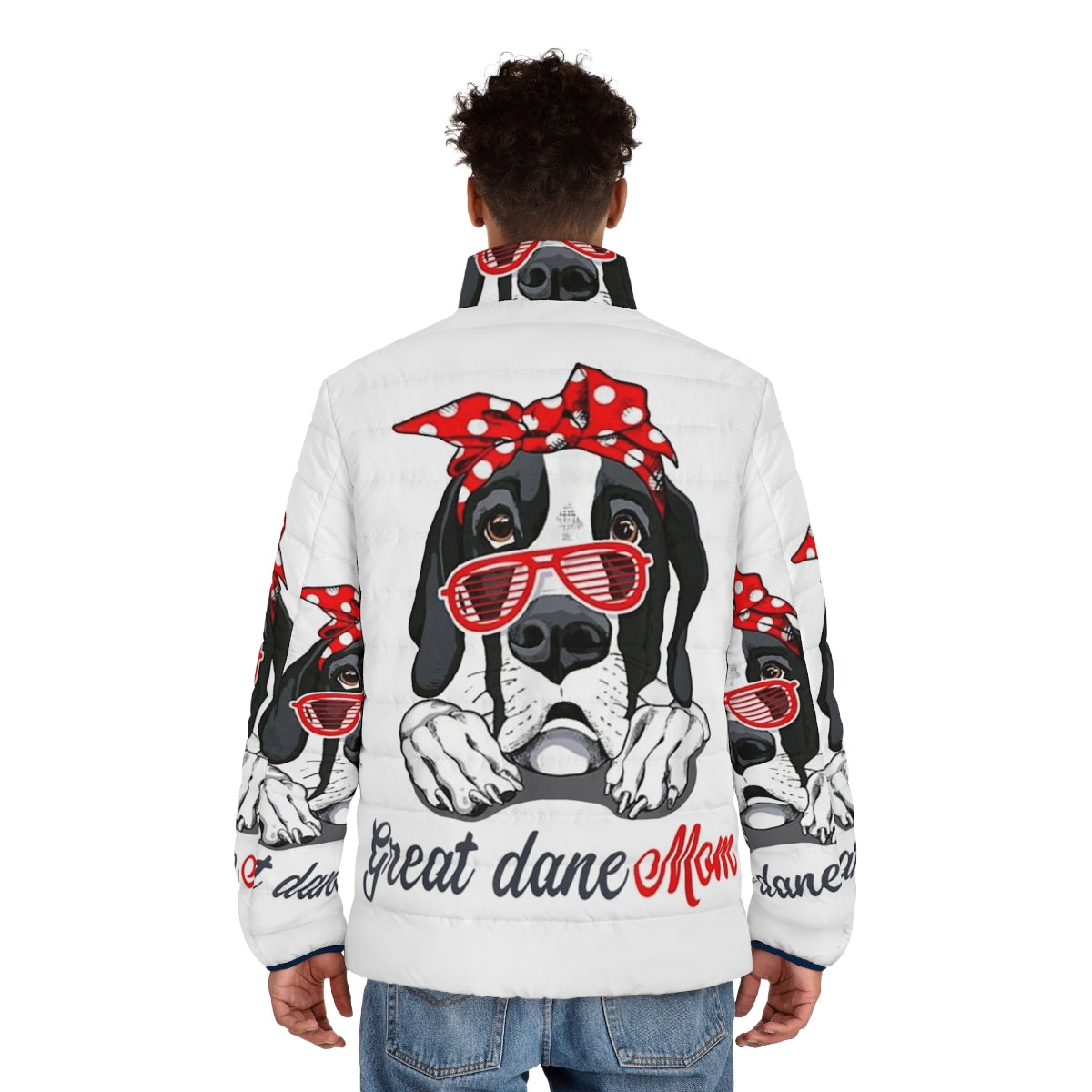 Great Dane wearing a cozy puffer jacket - men back