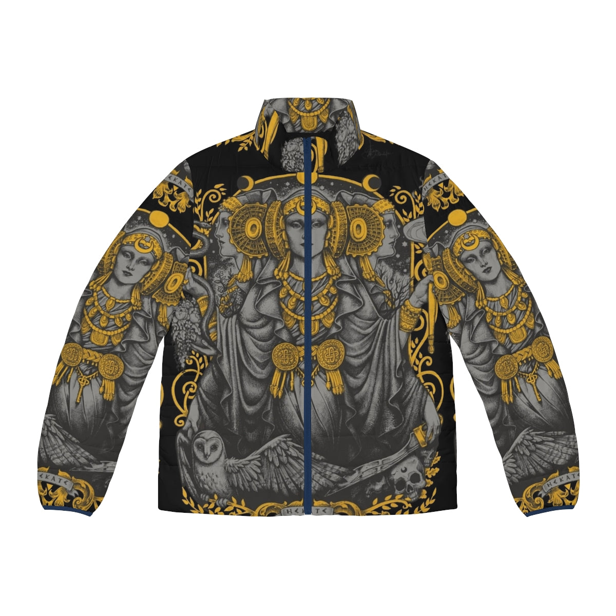 Iberian Hecate Gray Puffer Jacket featuring the iconic Lady of Elche and Hecate symbolism