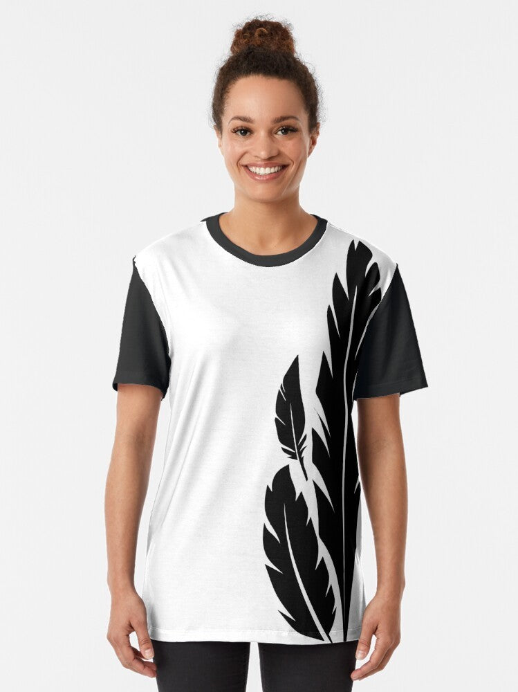 Hawkmoon feather graphic t-shirt for Destiny fans featuring a black and white design - Women