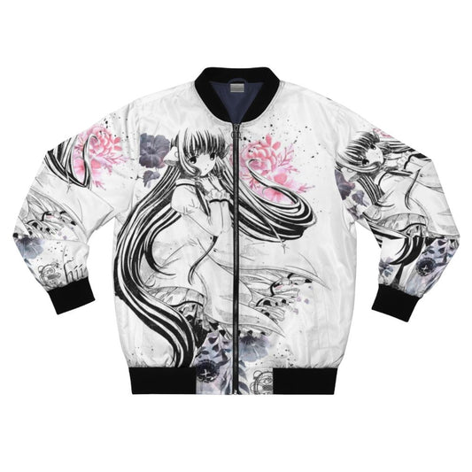 A floral watercolor bomber jacket with an anime-inspired design.