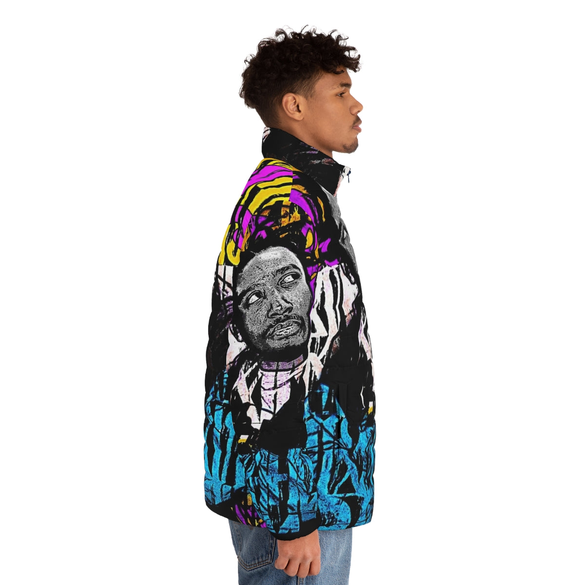 Graffiti-inspired puffer jacket with yellow and blue design - men side right