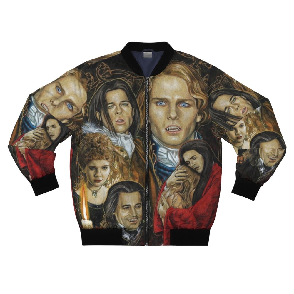 A bomber jacket inspired by the classic movie "Interview with the Vampire", featuring a vampire-themed design.