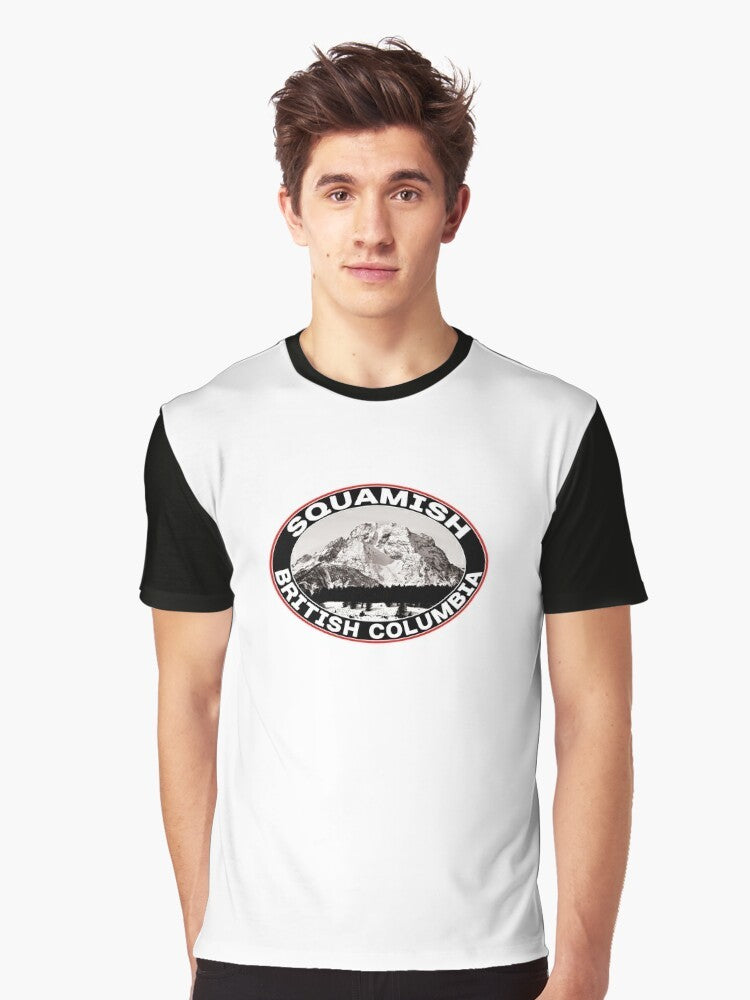 Graphic t-shirt design featuring the mountains and lake of Squamish, British Columbia, Canada - Men