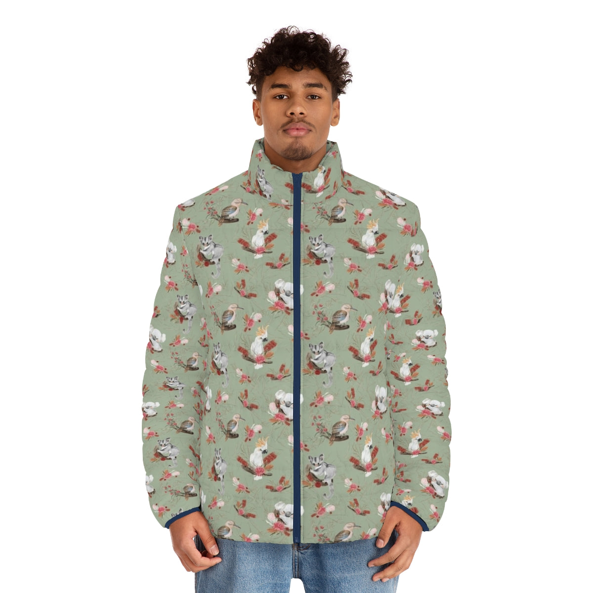 A vibrant puffer jacket featuring Australian native flora and fauna, including eucalyptus, kookaburras, and koalas. - men front