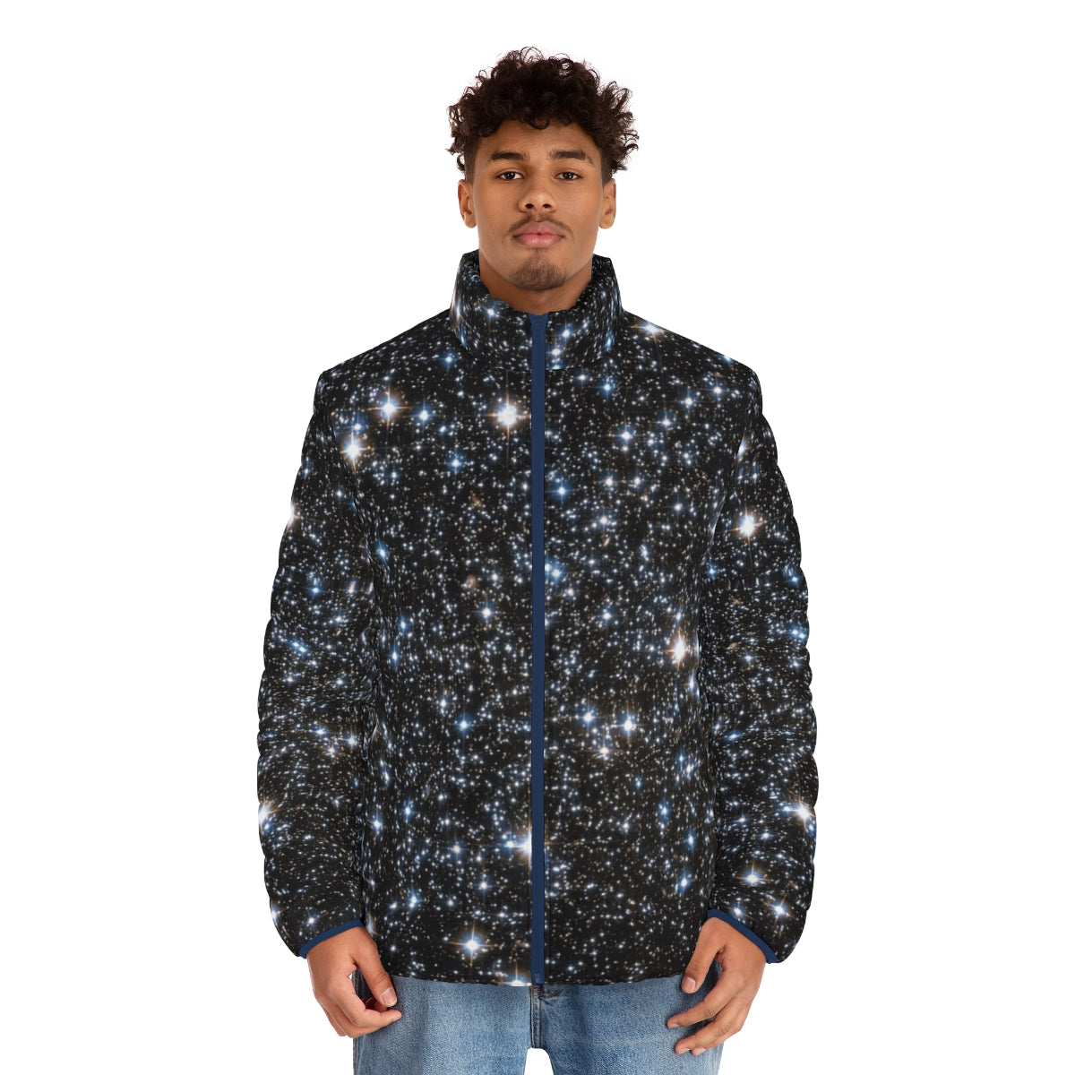 Glitter Galaxy Puffer Jacket featuring a stunning space-inspired design - men front