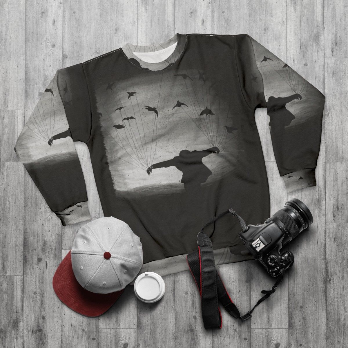 Hand-painted sweatshirt with mysterious raven design - flat lay