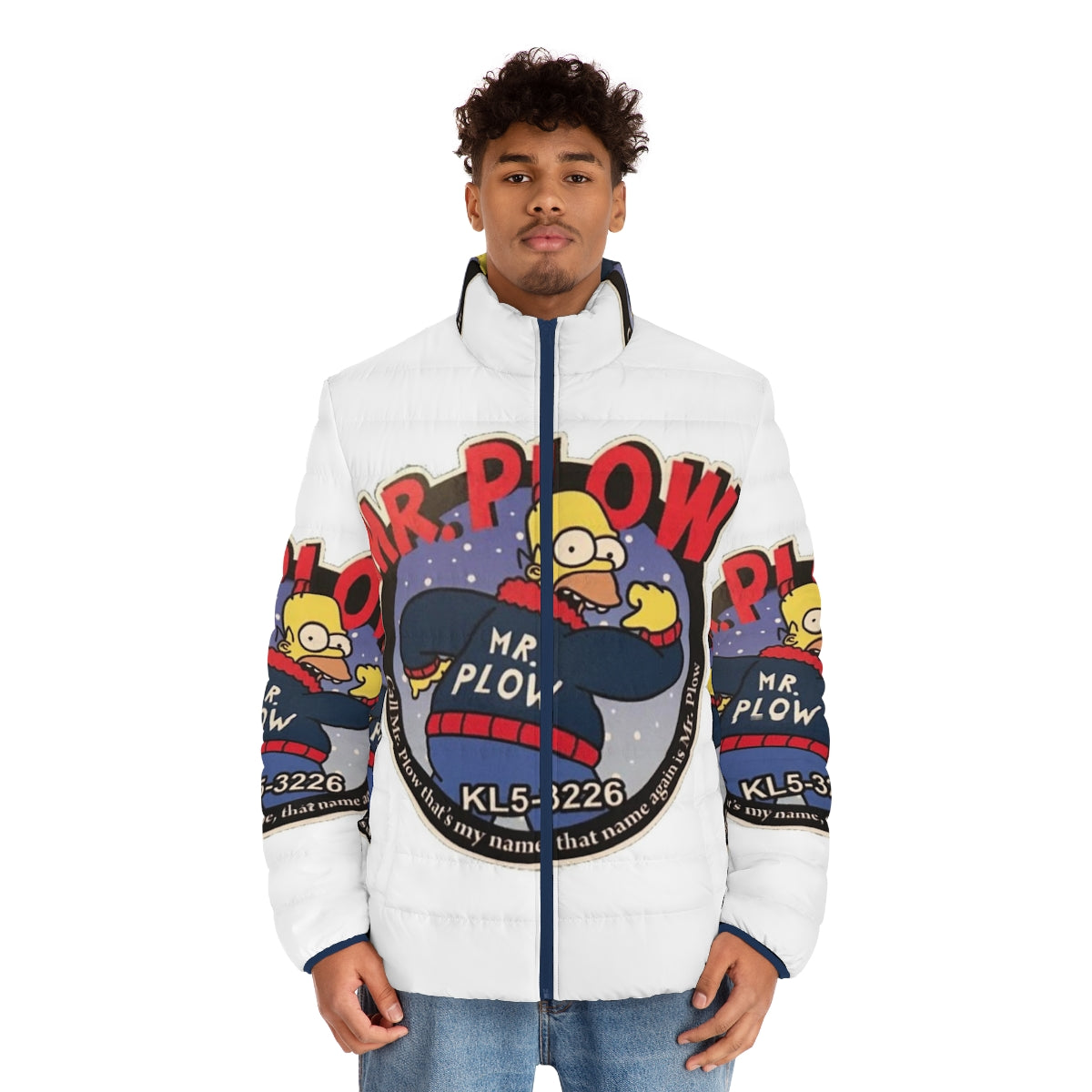 Mr Plow Retro Puffer Jacket with a snow plow design - men front