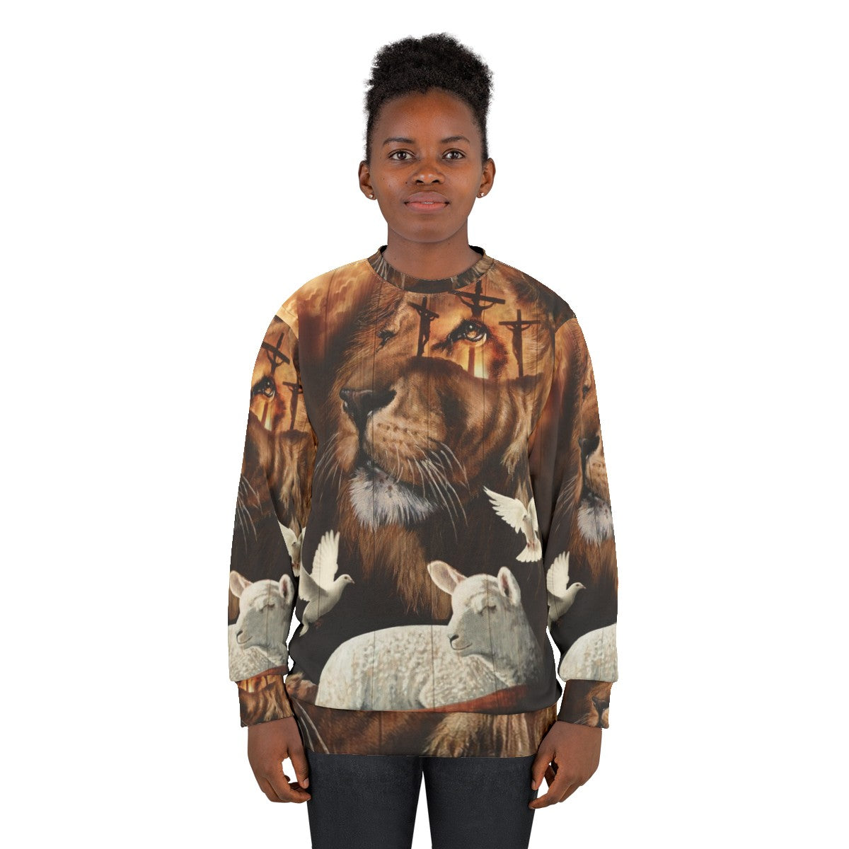 Christian sweatshirt with a design featuring the Lion of Judah and the Lamb of God - women