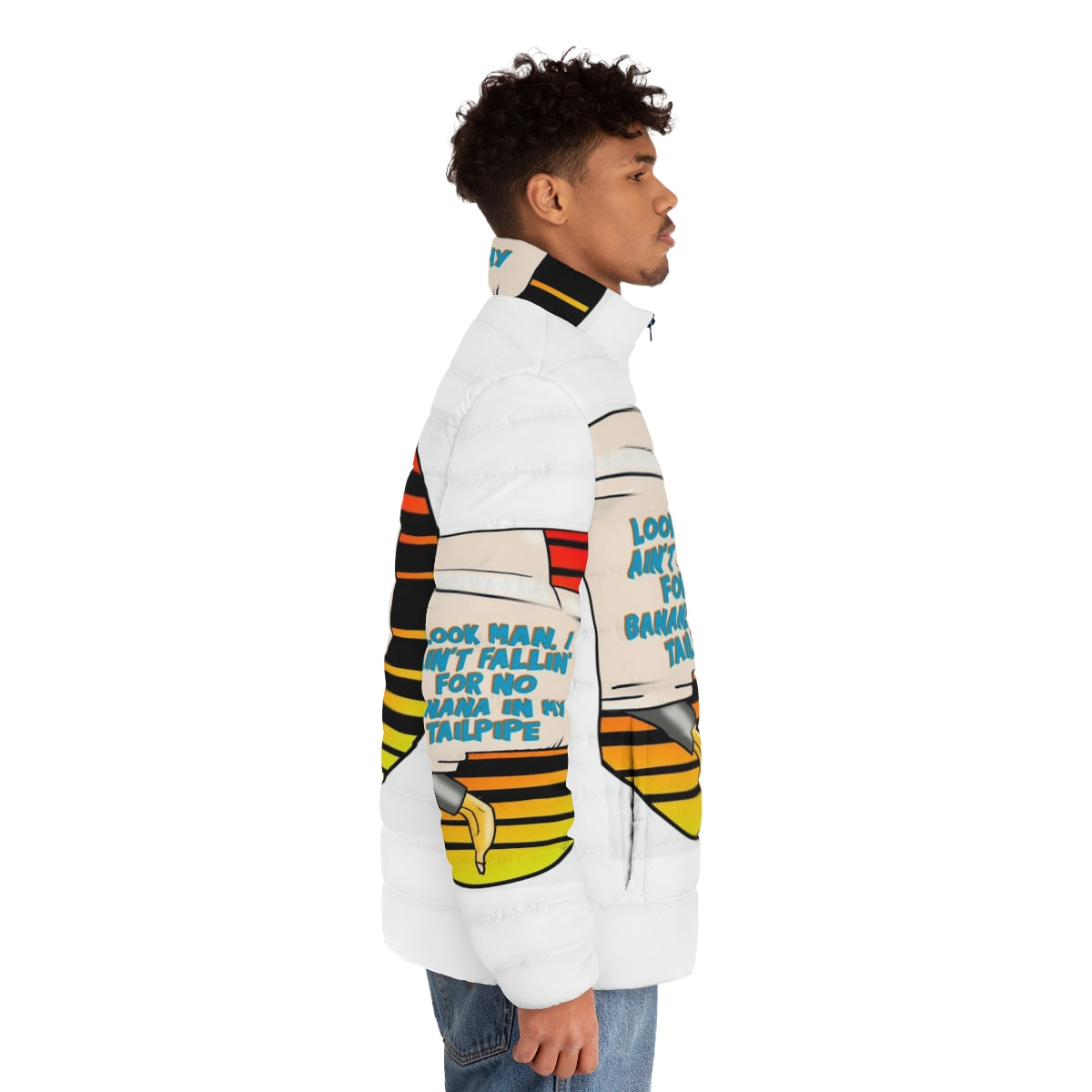 Retro 80s puffer jacket with "Banana In My Tailpipe" quote from Beverly Hills Cop - men side right