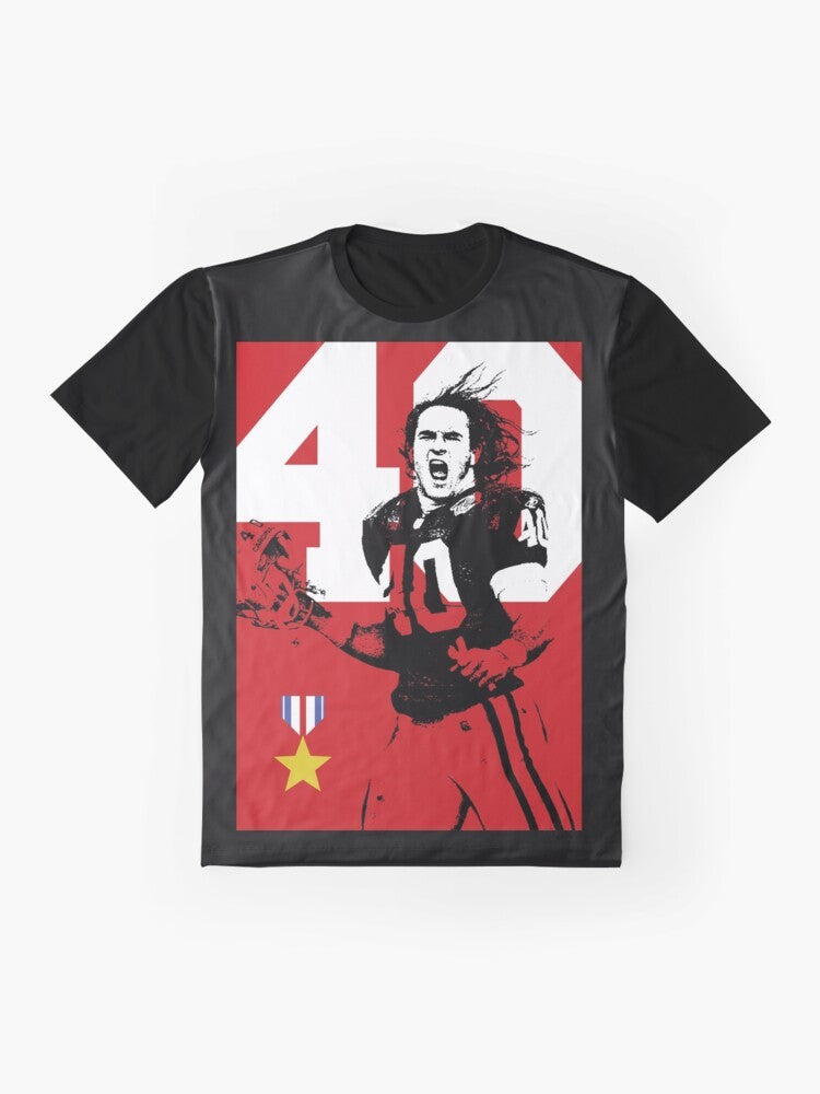 A graphic t-shirt featuring a tribute to Arizona Cardinals player and Army Ranger Pat Tillman, who was killed in action on September 11th. - Flat lay