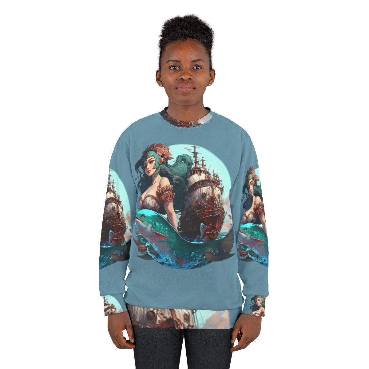 Mythical sea creatures sweatshirt featuring whimsical fantasy ocean beasts - women