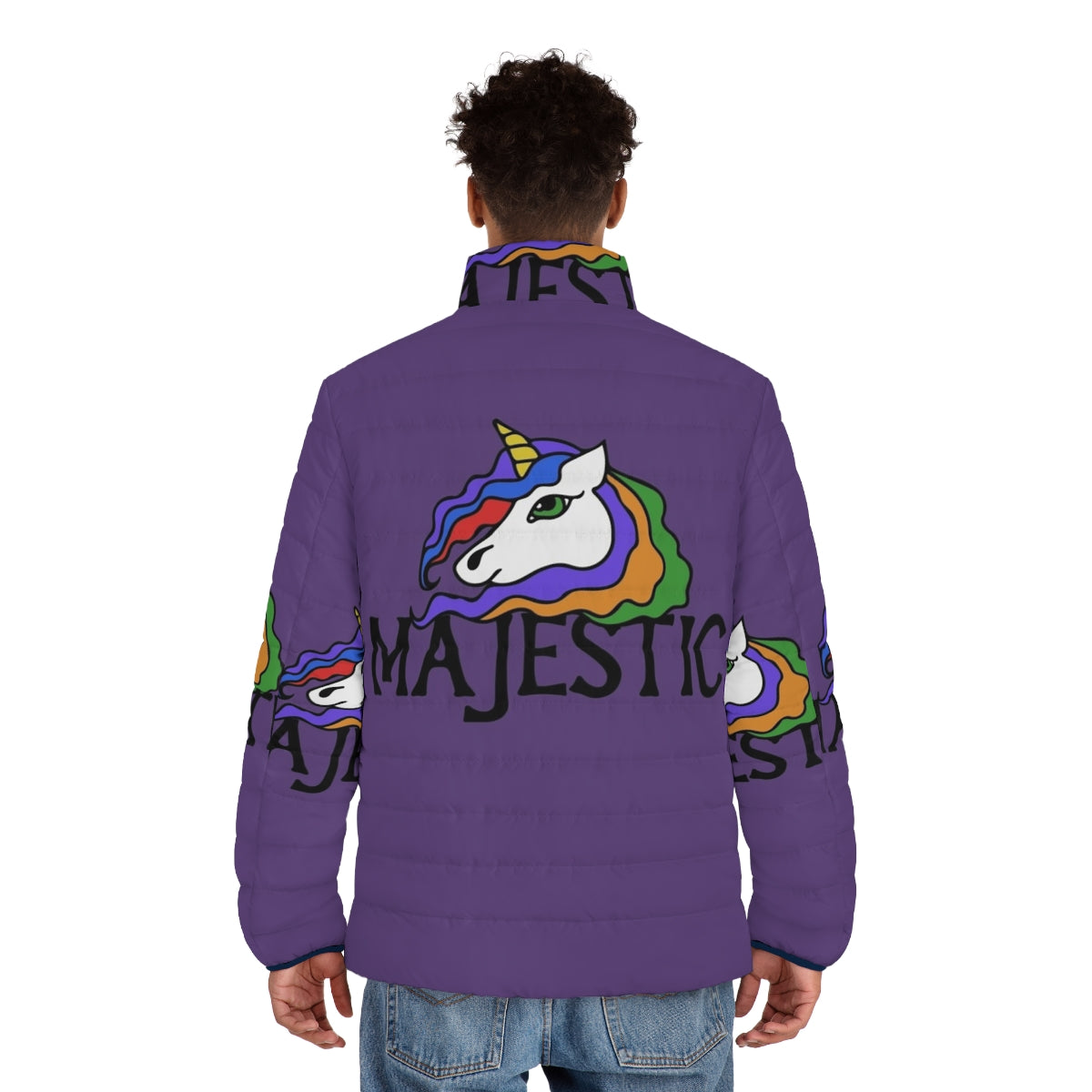 Majestic unicorn puffer jacket with a vibrant rainbow design - men back