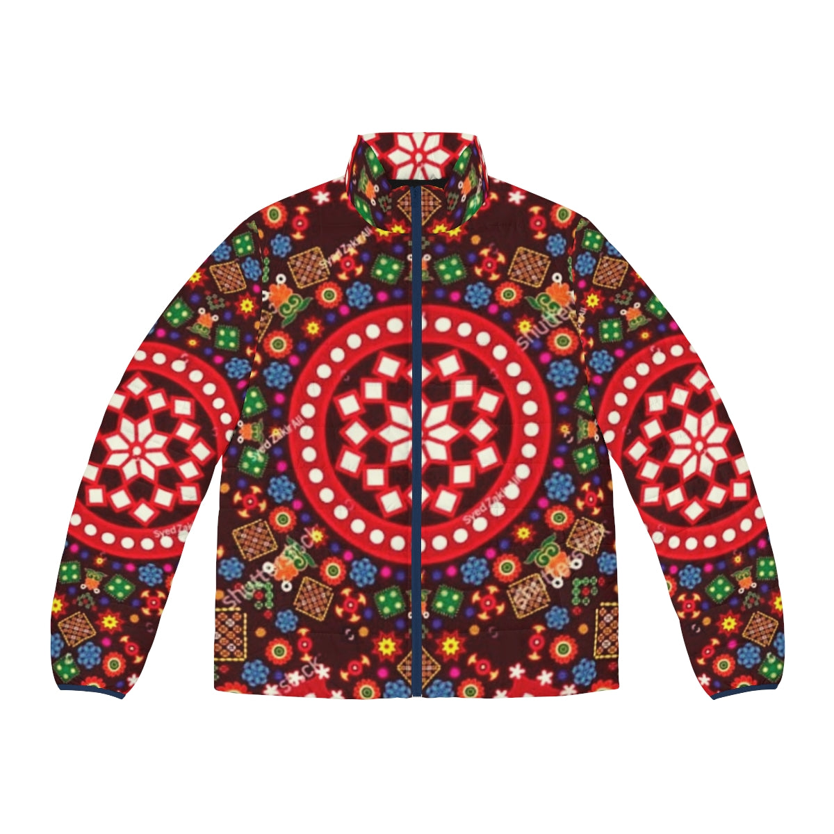 Sindhi culture design puffer jacket featuring traditional artwork