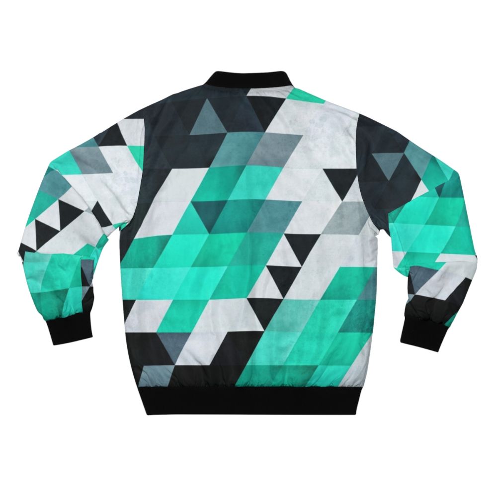 Modern geometric abstract pattern bomber jacket in teal, white, and black - Back