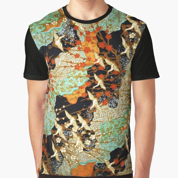 Colorful graphic t-shirt featuring flying cranes and spring flowers in a Japanese-inspired floral pattern