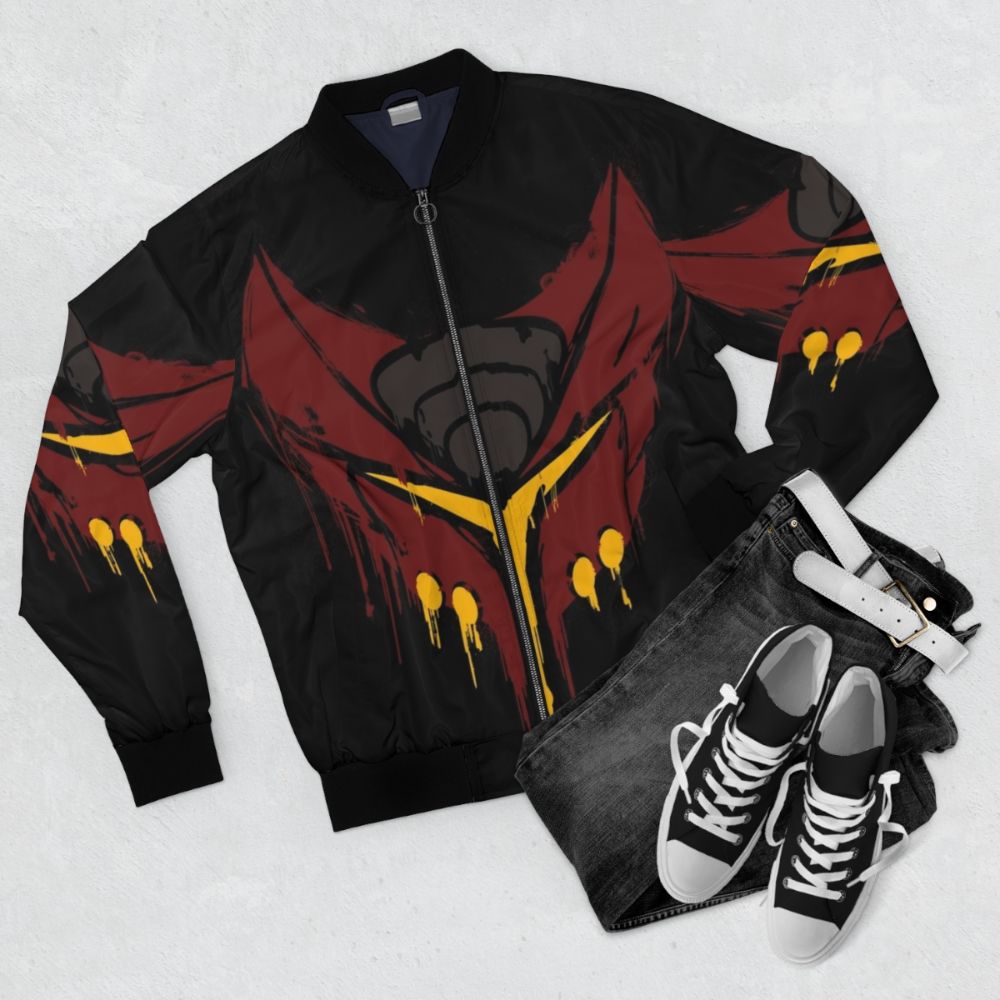 A red and orange stencil-designed bomber jacket featuring the iconic Ratchet character from the Ratchet and Clank video game franchise. - Flat lay