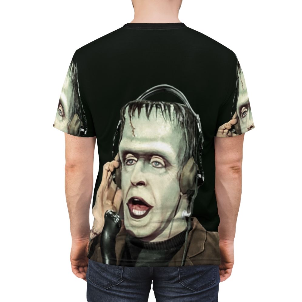 Vintage-style graphic tee featuring characters from the 1960s TV show The Munsters, including Herman Munster, at a radio - men back