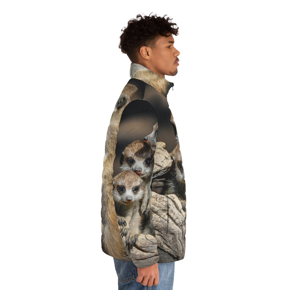 Meerkat Manor Puffer Jacket featuring meerkats in the Australian Hunter Valley - men side right