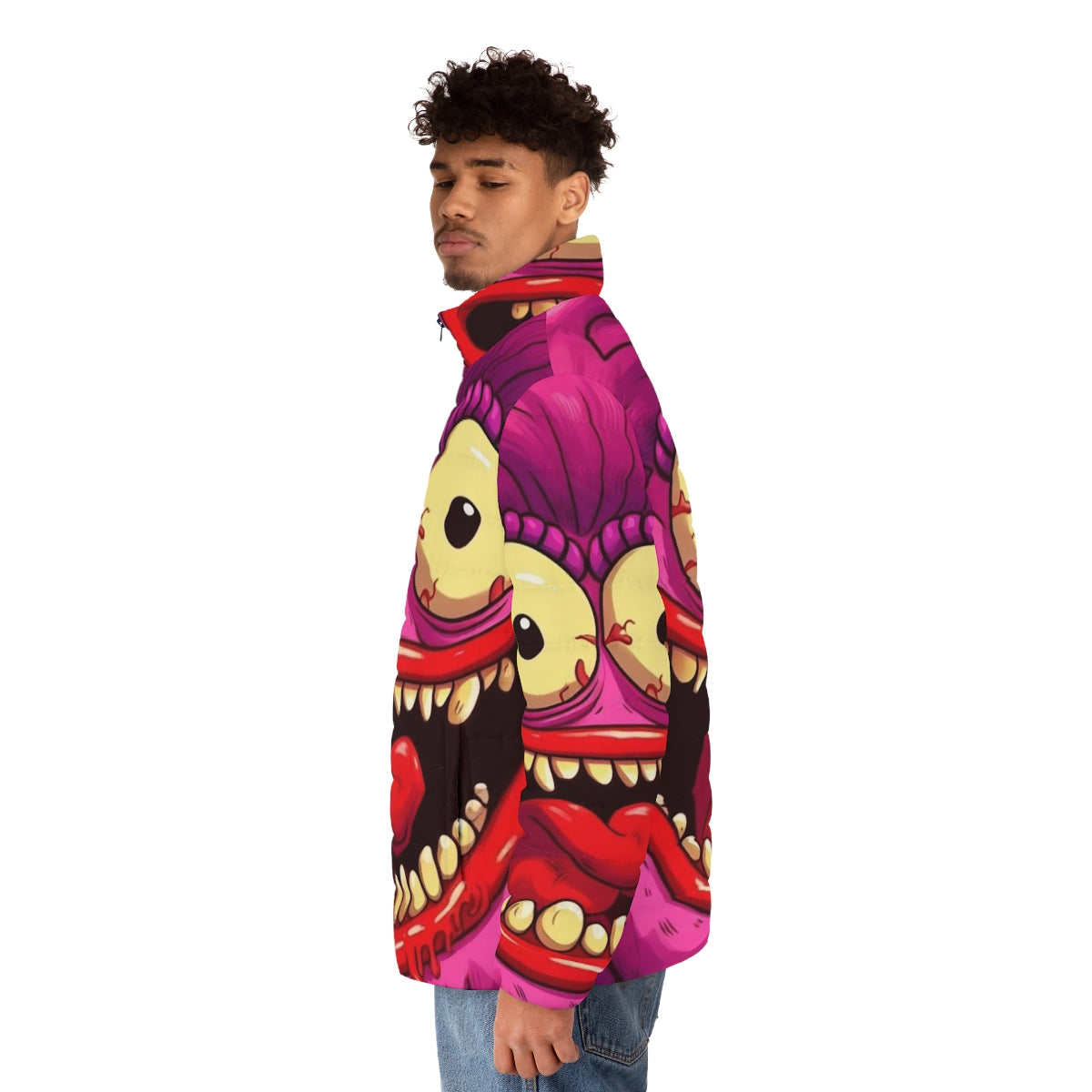 Colorful and vibrant puffer jacket featuring the Big Mouth hormone monster - men side left