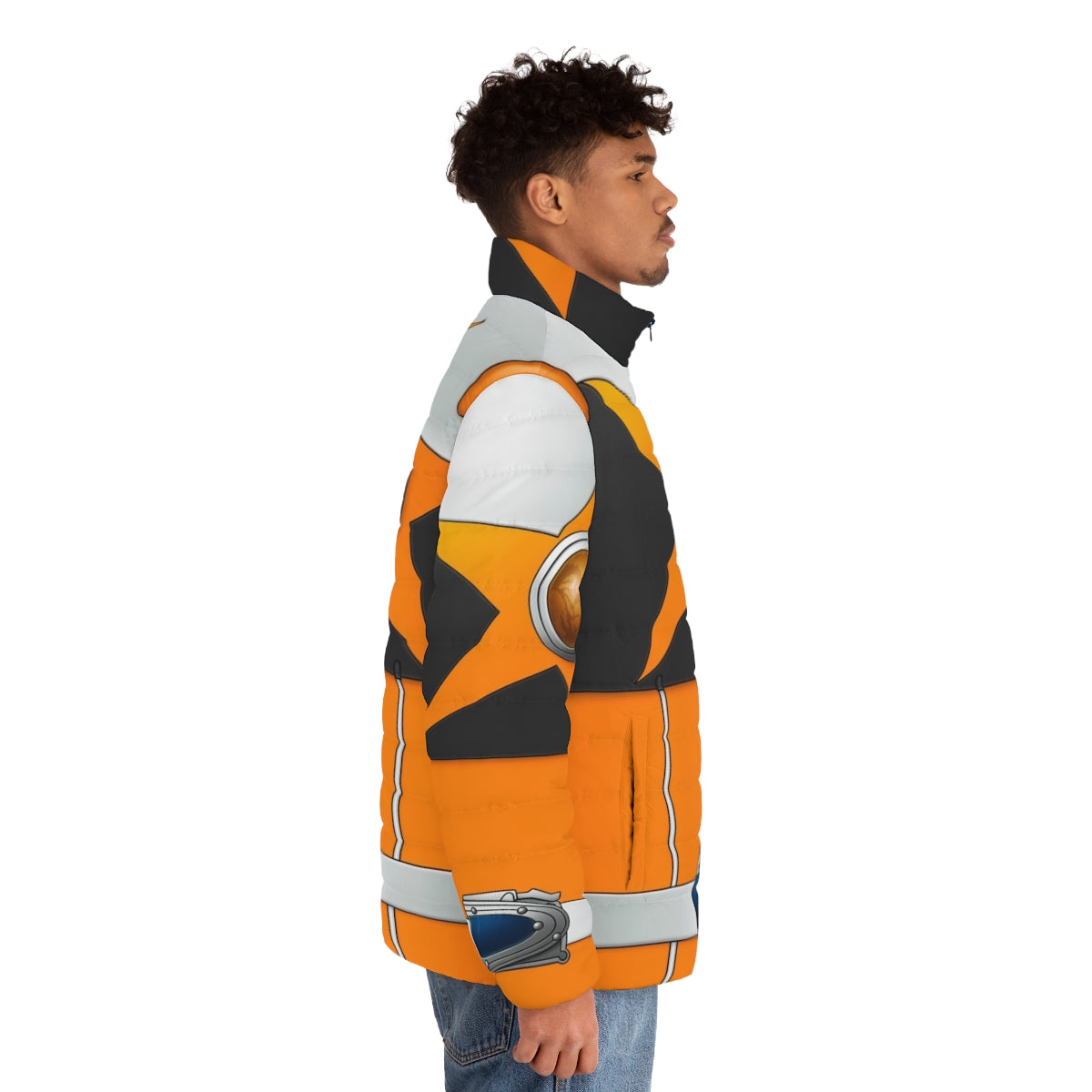 Sasoriorange puffer jacket with Kyuranger-inspired space and star design - men side right