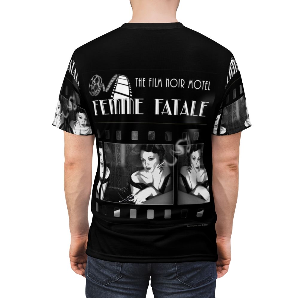 Model wearing a t-shirt with a film noir inspired design featuring a femme fatale character - men back