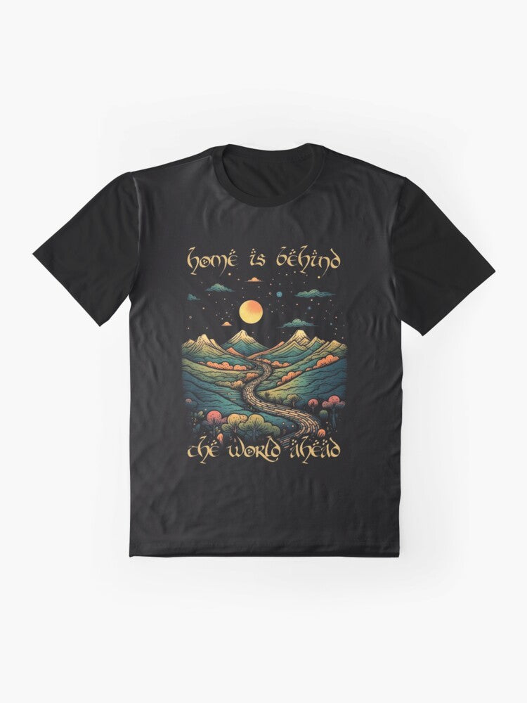 "Lord of the Rings inspired fantasy graphic t-shirt with the quote 'Home is Behind, the World Ahead'" - Flat lay