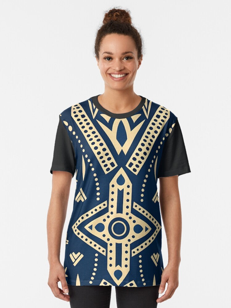 Chic tribal mud cloth graphic t-shirt featuring an artistic African textile design - Women