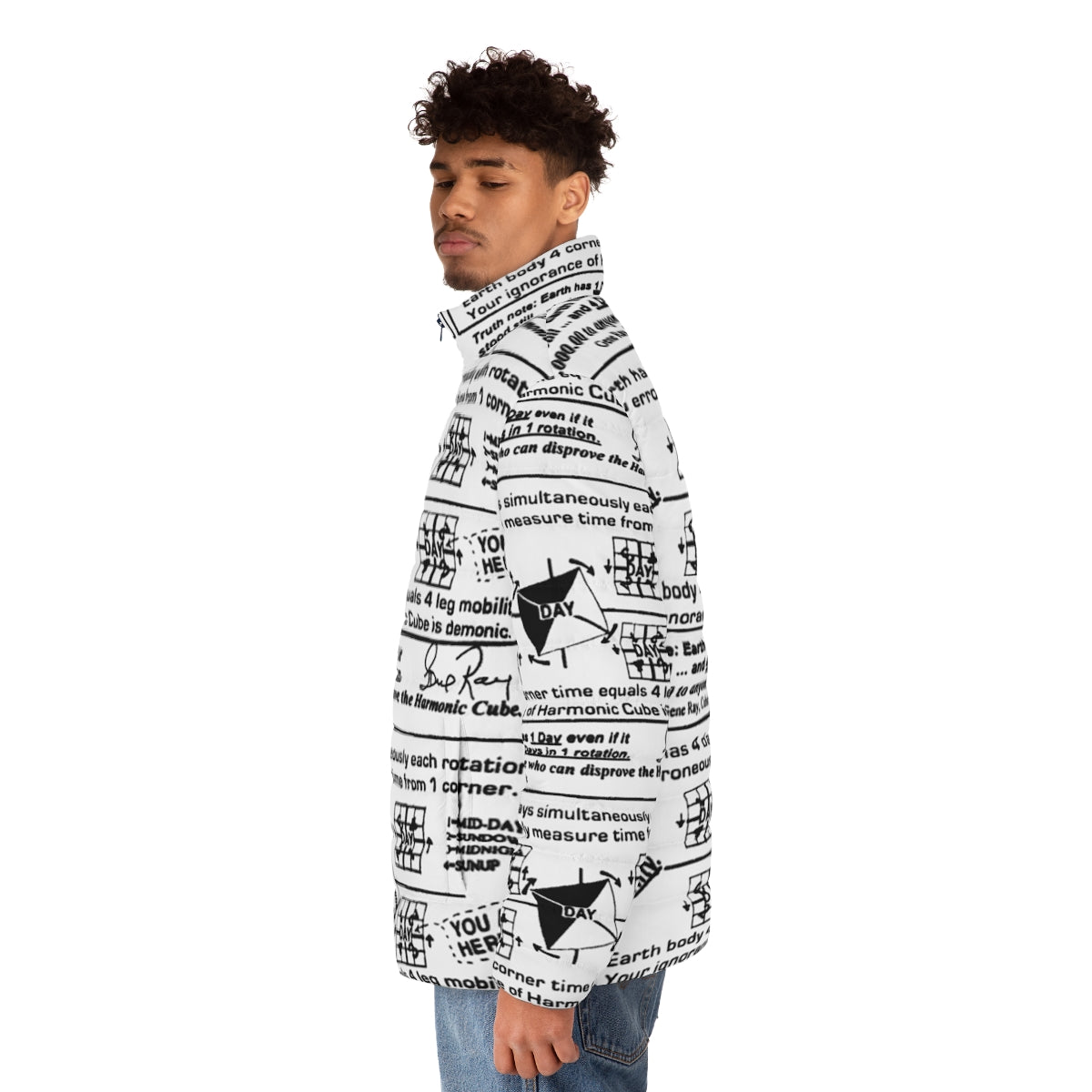 Time Cube Puffer Jacket - Embrace the meme-worthy warmth of this unique and cozy winter jacket - men side left