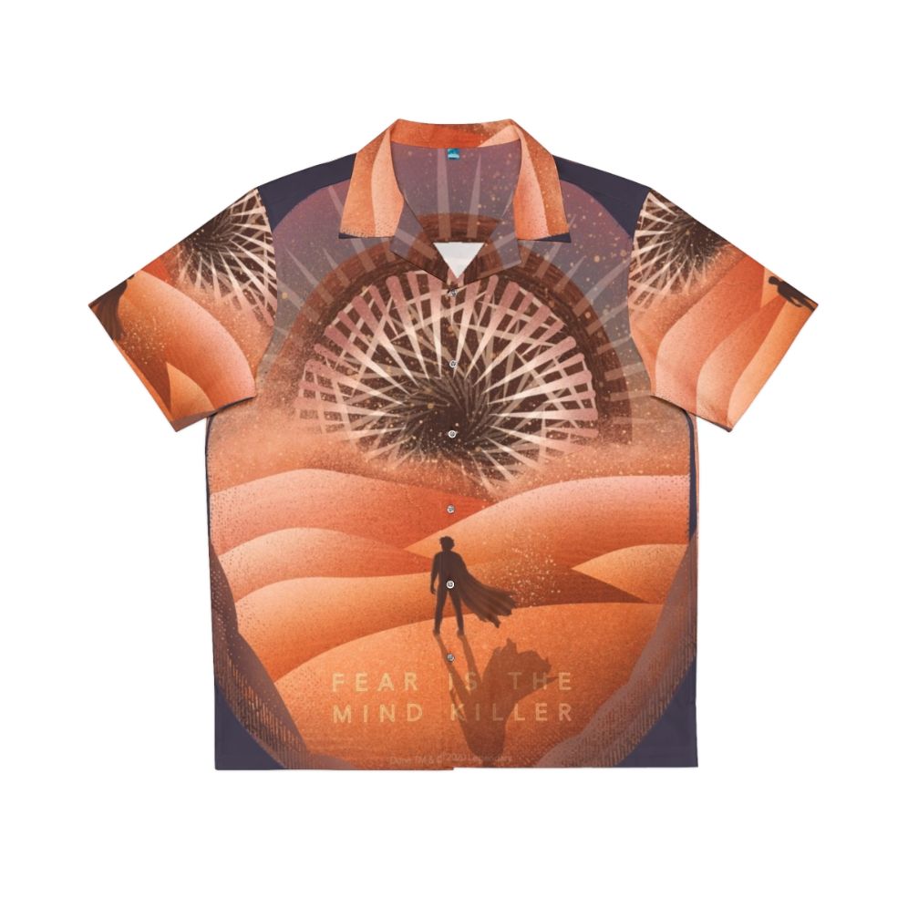 Dune-inspired Hawaiian shirt with sandworm and desert motifs