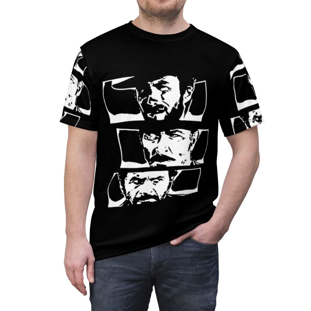 Vintage-inspired t-shirt design featuring a tribute to the classic Sergio Leone spaghetti western film "The Good, The Bad and The Ugly" - men front