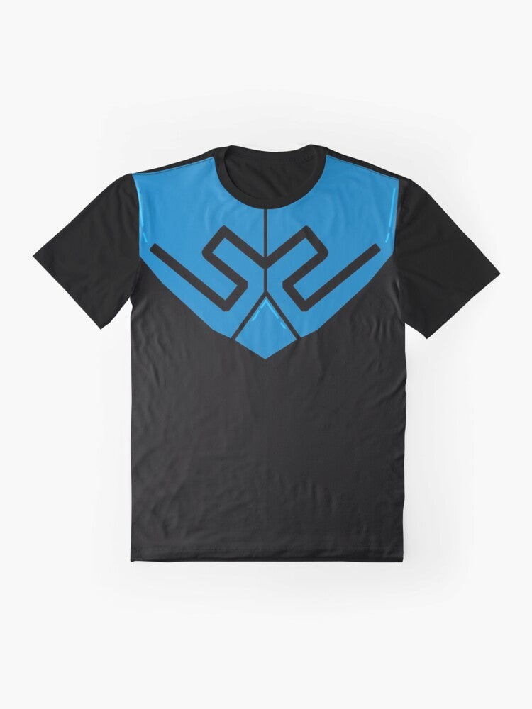 Blue Beetle superhero character design on a graphic t-shirt - Flat lay