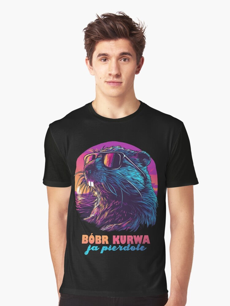 Synthwave Polish Beaver Meme Graphic T-Shirt - Men