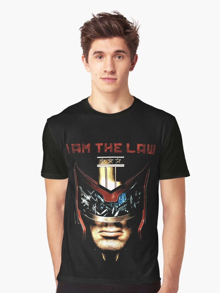 "I Am the Law" graphic t-shirt featuring Judge Dredd character from science fiction comics - Men