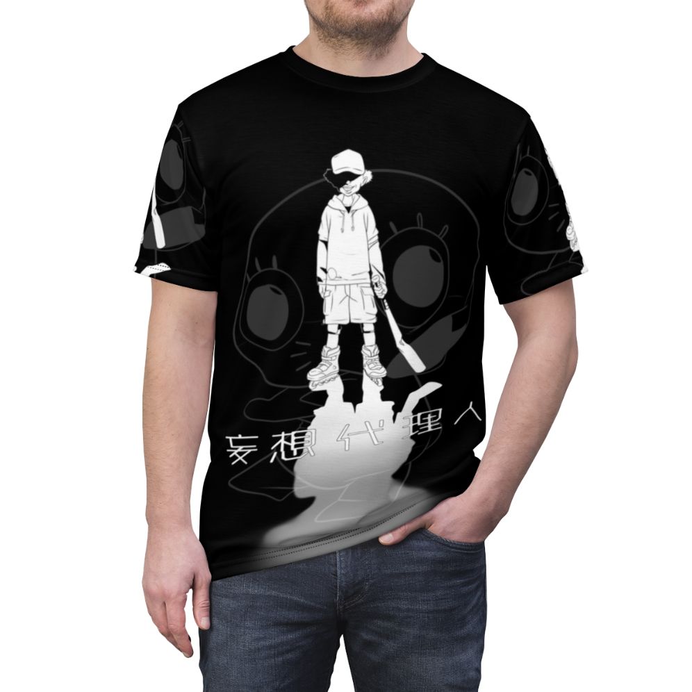 Paranoia Agent inspired anime t-shirt with Maromi plushie design - men front