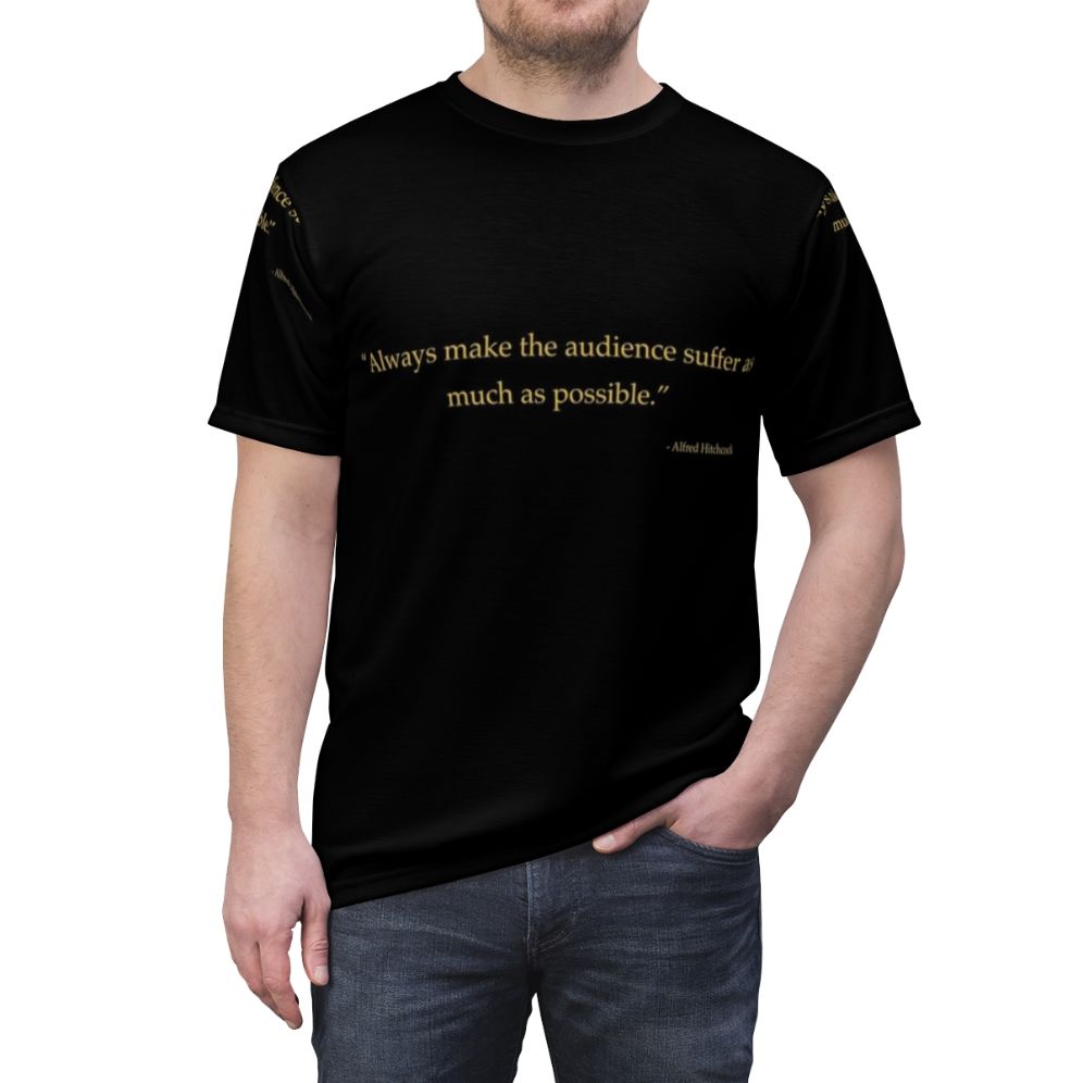 Alfred Hitchcock quote t-shirt featuring classic movie scenes and iconic director's sayings - men front