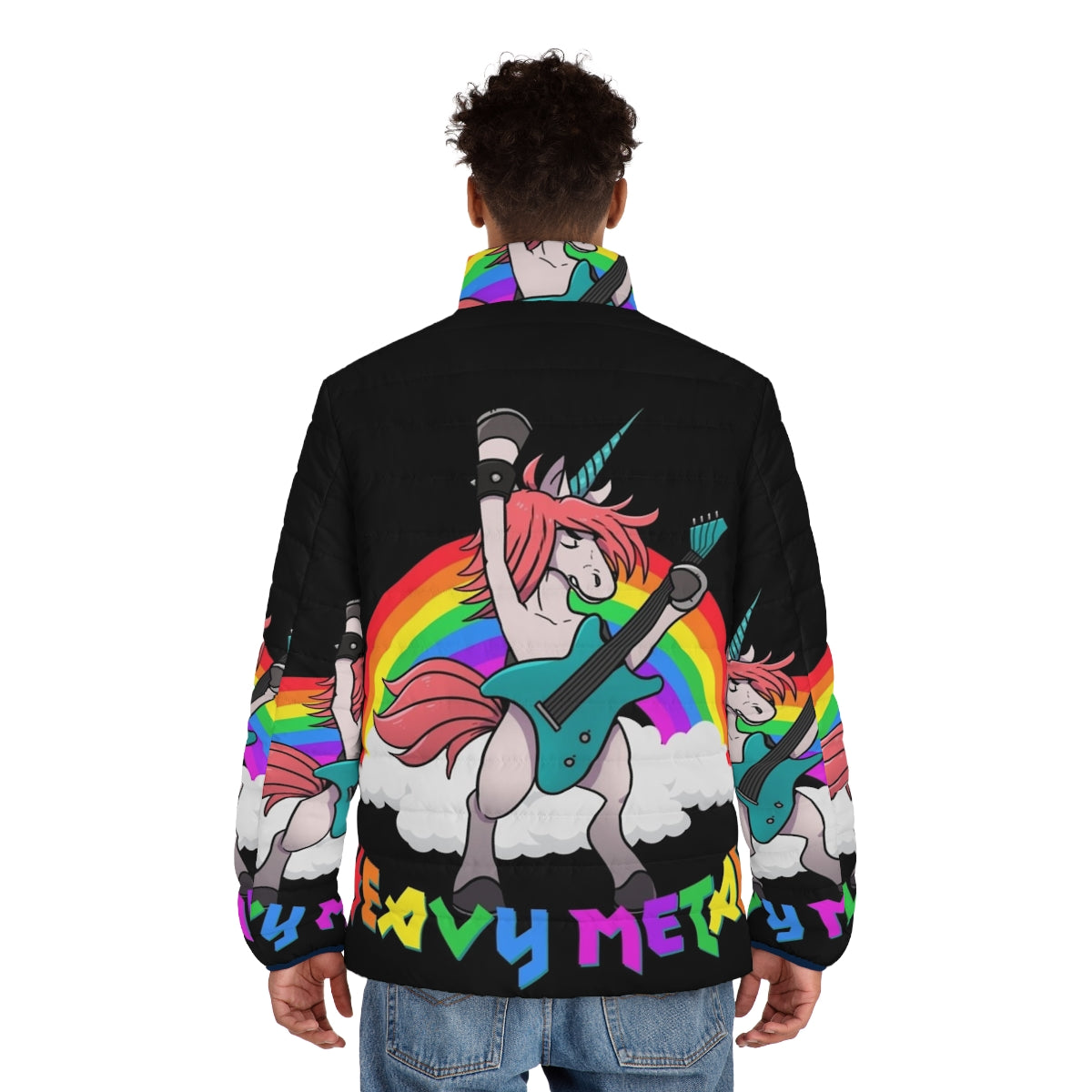 Heavy metal unicorn puffer jacket with guitar design - men back