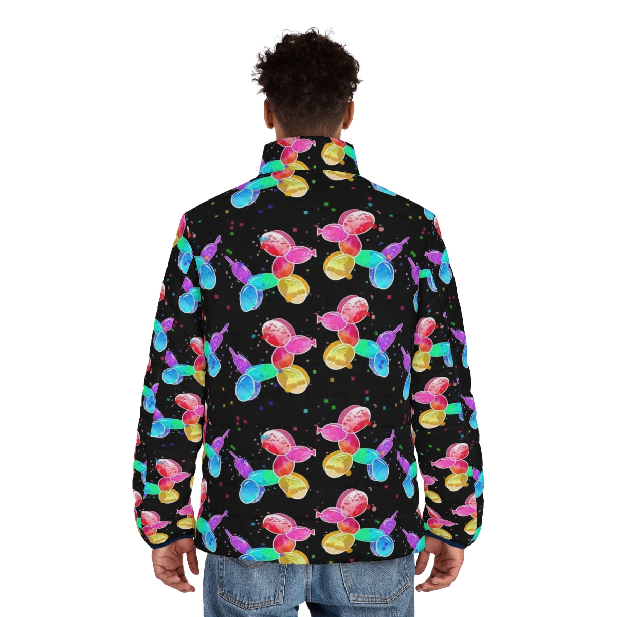 Puffer jacket featuring colorful watercolor balloon dog graphic - men back