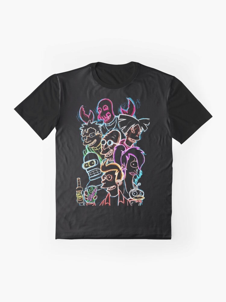 Futurama cartoon graphic t-shirt featuring Bender, Zoidberg, and other characters from the popular animated series - Flat lay