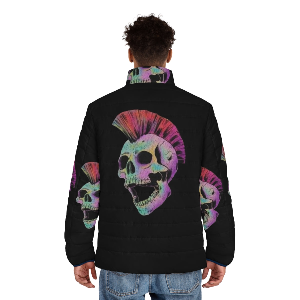 A puffer jacket featuring a mohawk skull design, perfect for metal band fans and punk rock enthusiasts. - men back