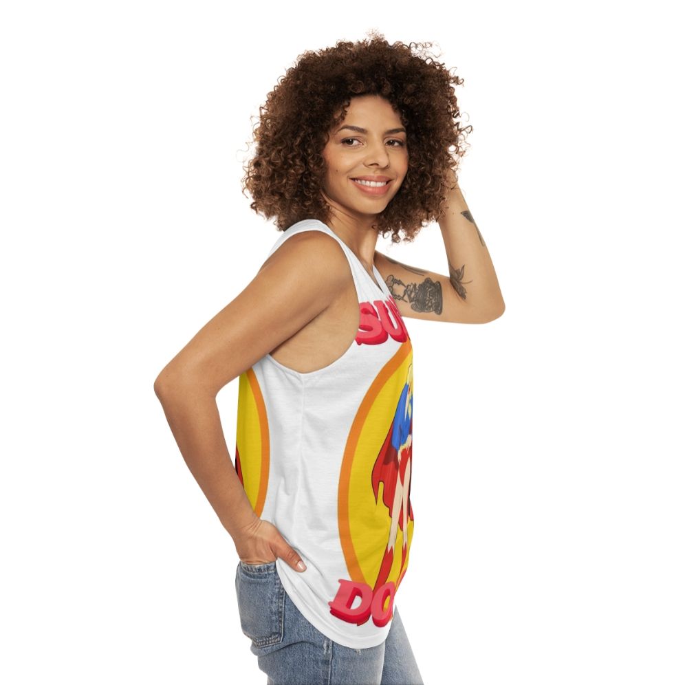 Unisex tank top with Dolly Parton and superhero pinup style - women side