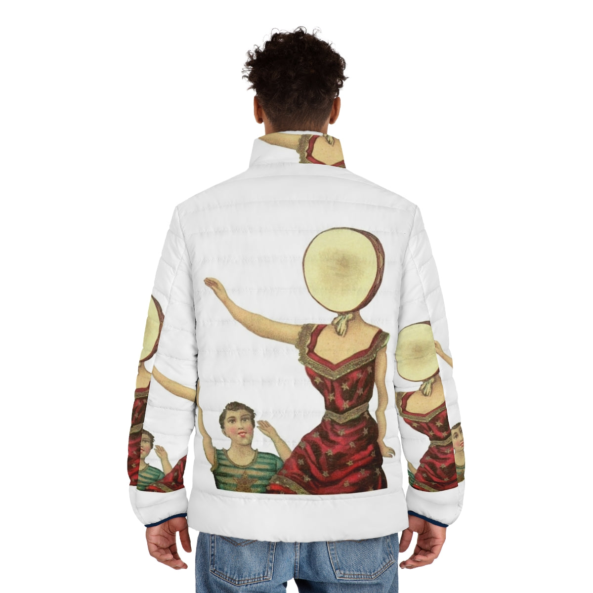 Neutral Milk Hotel puffer jacket featuring the iconic album cover art - men back