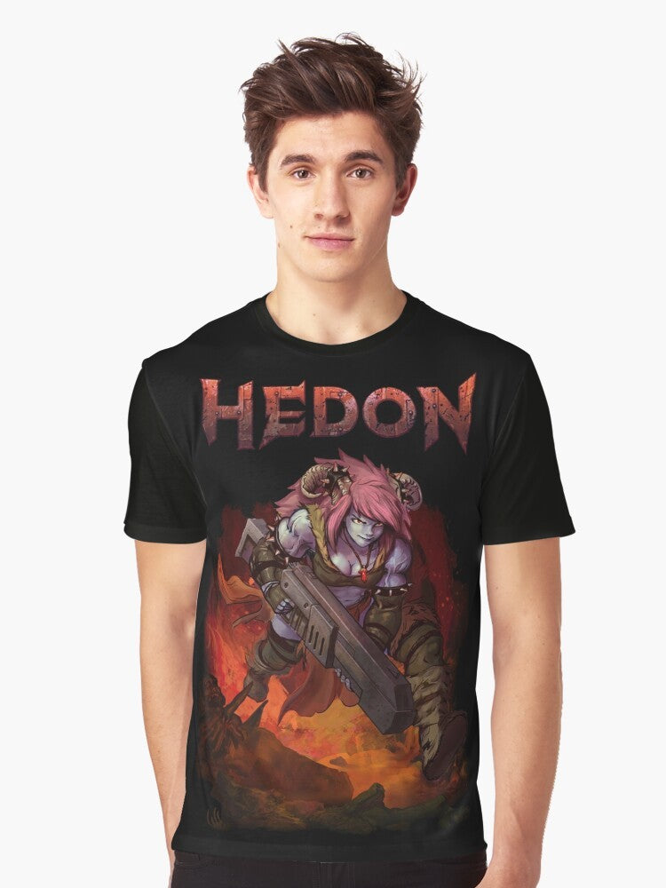 Hedon fantasy video game graphic t-shirt with demon, horns, and retro style - Men