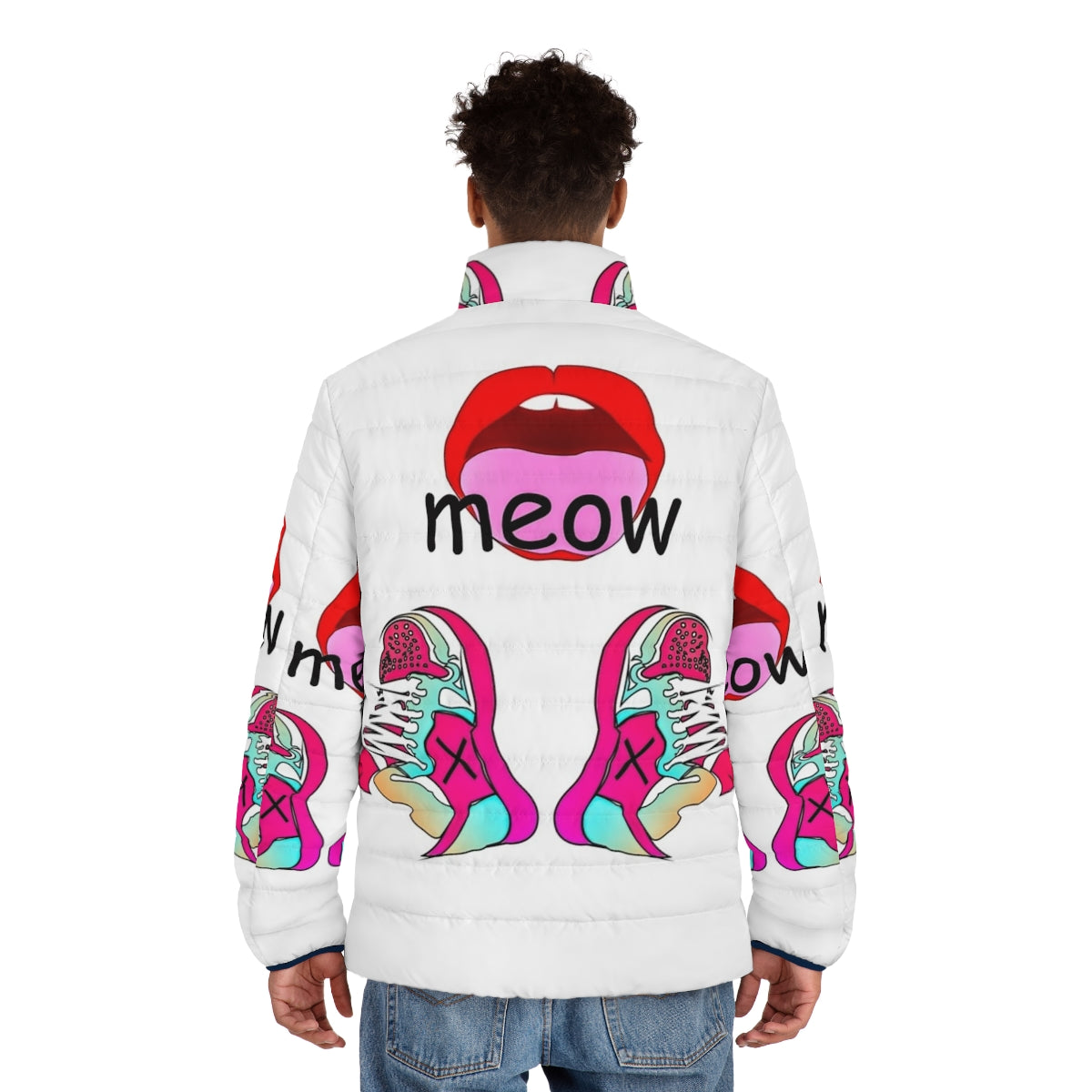 Meme puffer jacket featuring vibrant graphic design and trendy pop culture elements - men back